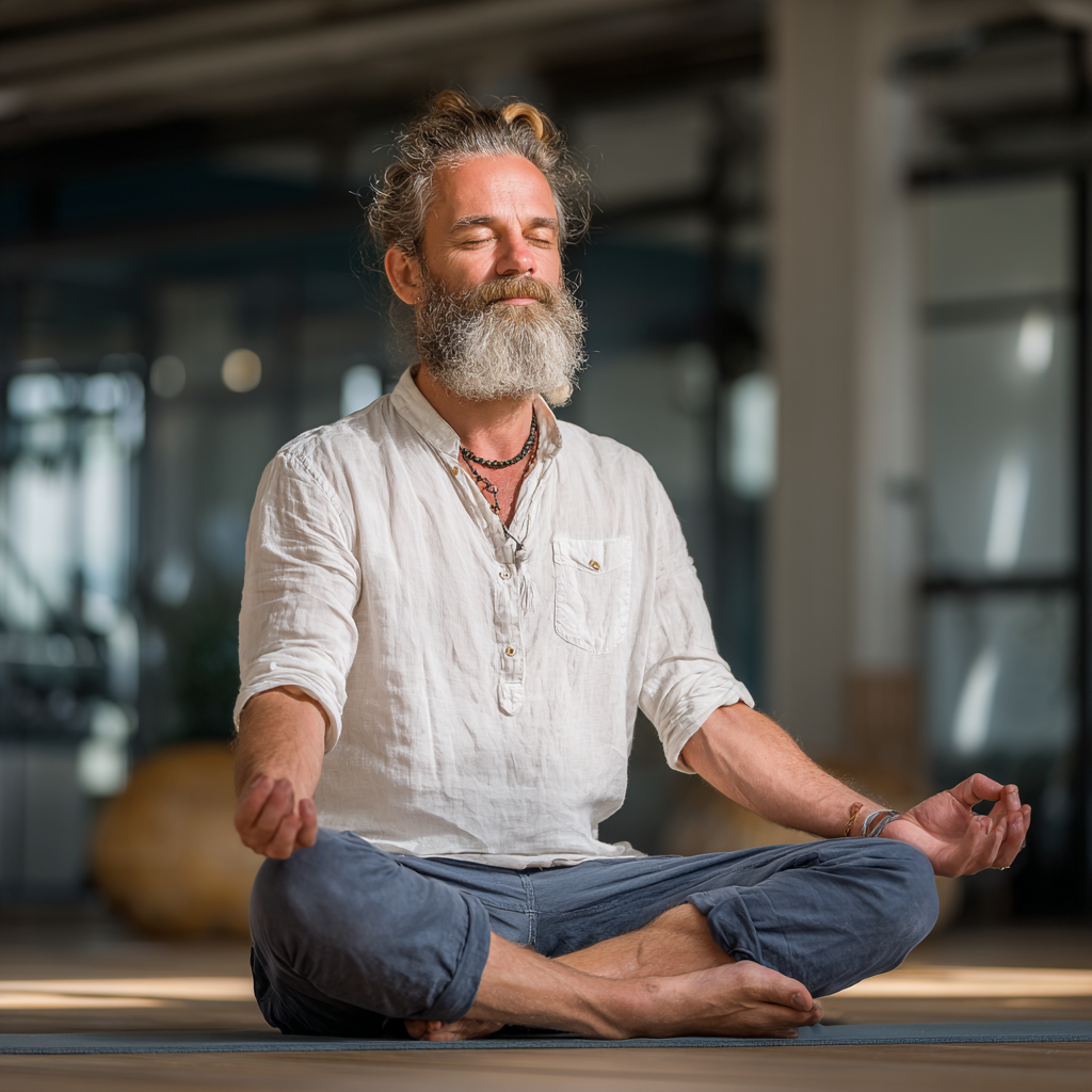 Középkorú európai férfi meditál keresztlábban ülve, természetes világításban, nyugodt arckifejezéssel, egyszerű háttérben